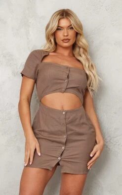 Taupe Linen Look Button Detail Cut Out Bodycon Dress