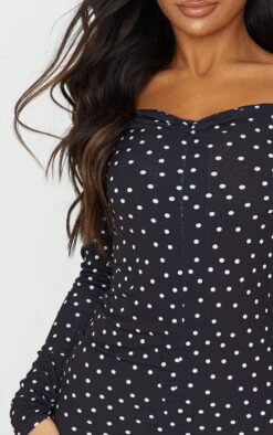 Black Polka Dot Print Ruched Front Long Sleeve Bodycon Dress -Serenova Dresses Shop 88edcf788159fdf530948c304821f1f9e72c8a4a CMS1127 4