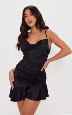 Black Satin Cowl Ruched Frill Hem Strappy Bodycon Dress