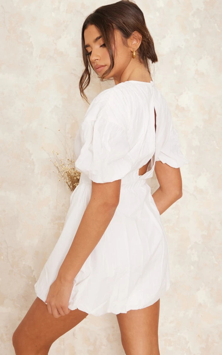 White Cotton Poplin Puff Sleeve Shift Dress 2 White Cotton Poplin Puff Sleeve Shift Dress - Image 2