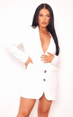 White Plunge Pocket Detail Blazer Dress