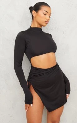 Black Slinky High Neck Cut Out Long Sleeve Bodycon Dress