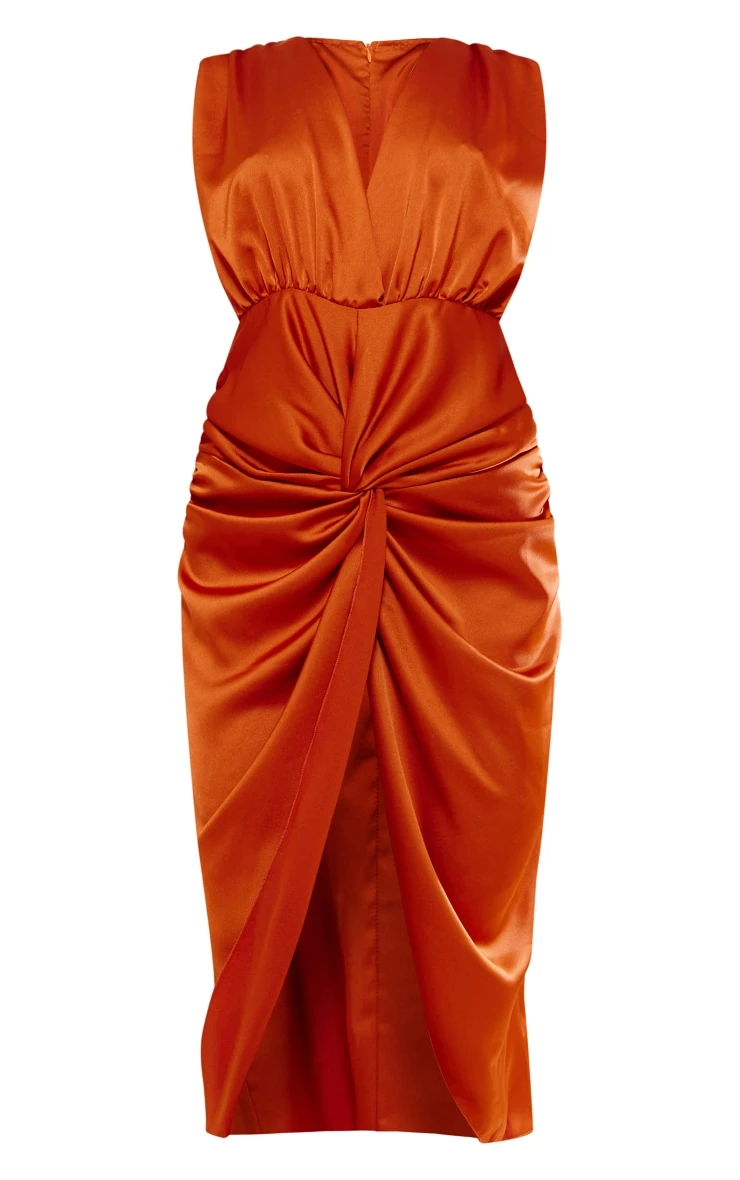 Rust Satin Plunge Draped Skirt Midi Dress 5 Rust Satin Plunge Draped Skirt Midi Dress - Image 5