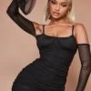 Black Mesh Cold Shoulder Flute Sleeve Bodycon Dress