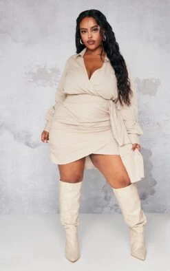 Plus Stone Drape Front Wrap Shirt Dress