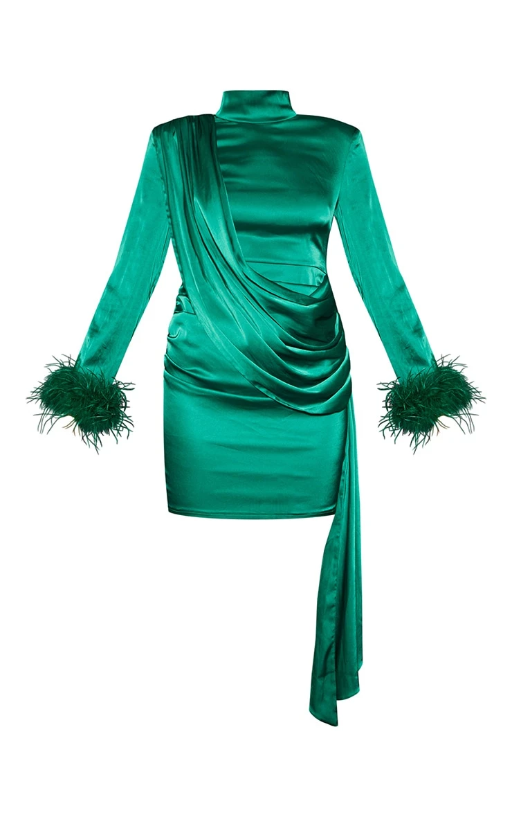 Bright Green Feather Cuff High Neck Satin Drape Bodycon Dress 5 Bright Green Feather Cuff High Neck Satin Drape Bodycon Dress - Image 5
