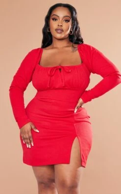Plus Red Puff Sleeve Tie Front Bodycon Dress