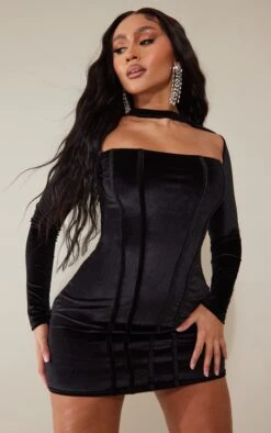 Shape Black Velvet Corset Detail Square Neck Bodycon Dress