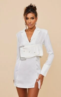 White Satin Extreme Buckle Detail Blazer Dress