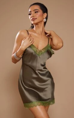 Petite Olive Lace Satin Slip Dress