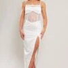White Satin Lace Insert Strappy Split Detail Midaxi Dress