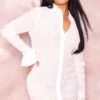 White Textured Chiffon Sheer Bell Cuff Shirt Dress