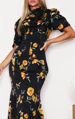 Black Floral Puff Sleeve Draped Neck Midi Dress -Serenova Dresses Shop a180a02567992d7d3c61019a9ce002607c4d6932 cmn9278 4