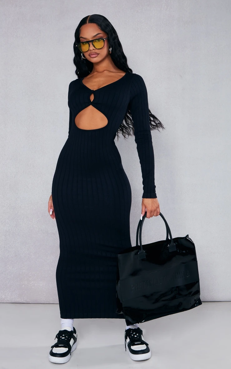Black Structured Contour Wide Rib Button Down Midaxi Dress 1 Black Structured Contour Wide Rib Button Down Midaxi Dress