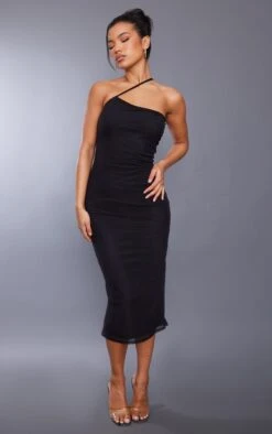 Black Mesh Asymmetric Strap Midaxi Dress