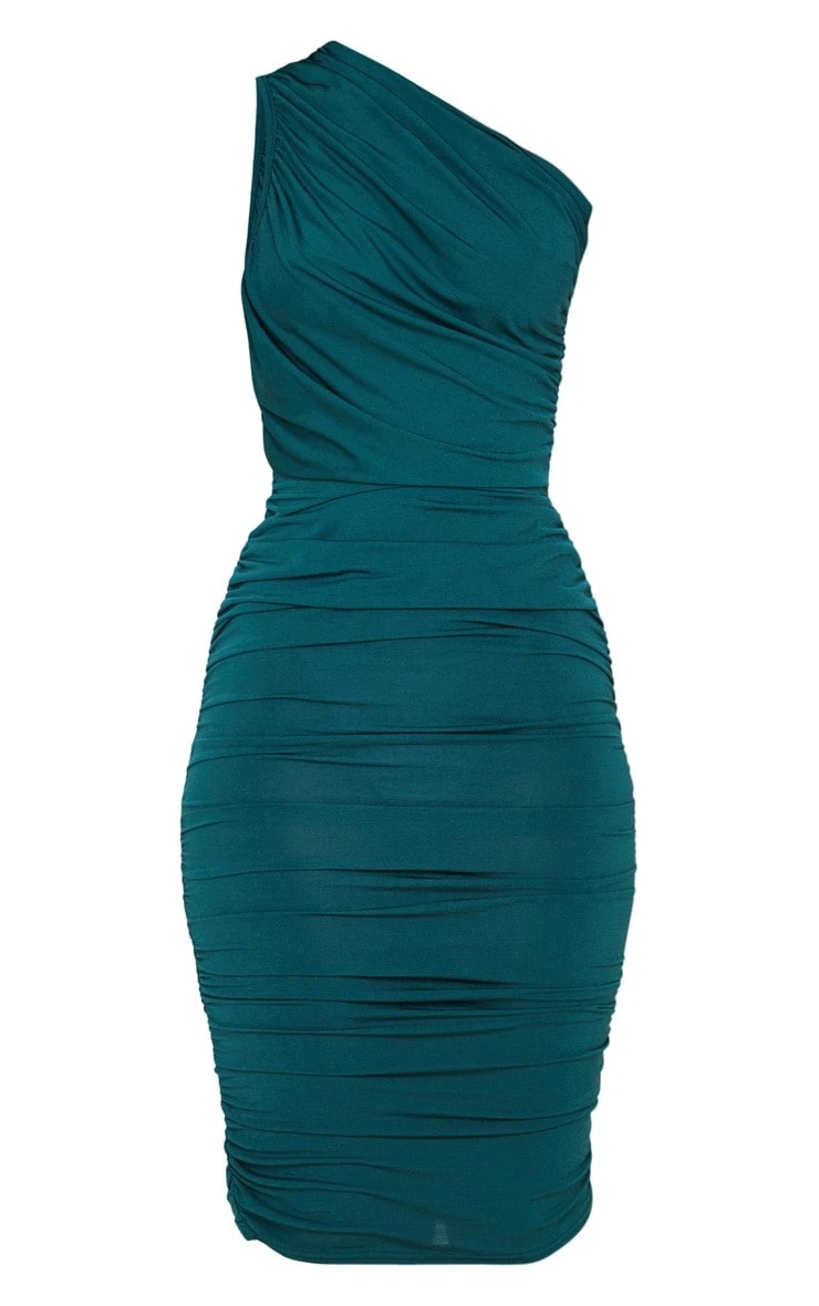 Petite Emerald Green Slinky Ruched One Shoulder Longline Midi Dress 5 Petite Emerald Green Slinky Ruched One Shoulder Longline Midi Dress - Image 5