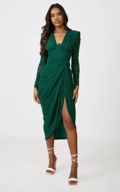 Emerald Green Mesh Ruched Long Sleeve Draped Midi Dress 7 Emerald Green Mesh Ruched Long Sleeve Draped Midi Dress -Serenova Dresses Shop a823b55f7b19ebdb8bfb25e99c7cec89625d8464 cnc7626 3