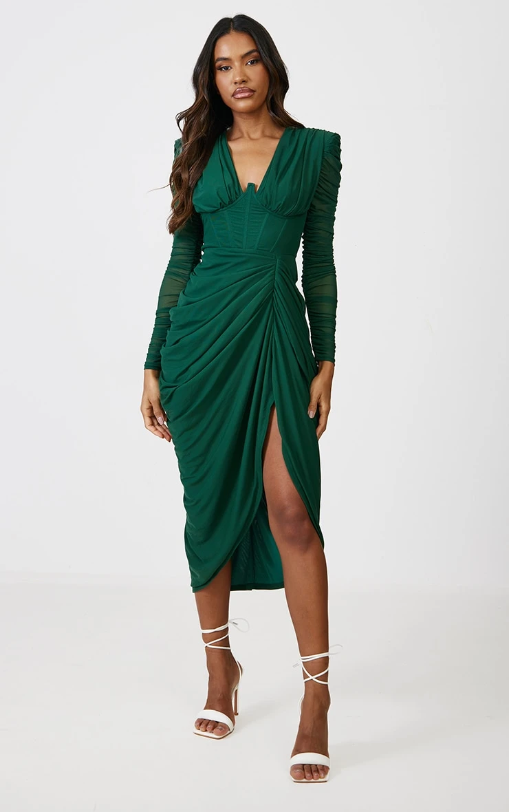 Emerald Green Mesh Ruched Long Sleeve Draped Midi Dress 3 Emerald Green Mesh Ruched Long Sleeve Draped Midi Dress - Image 3