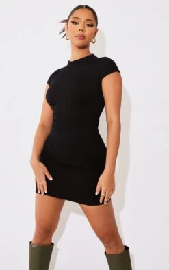 Black Structured Snatched Rib Cap Sleeve Bodycon Dress