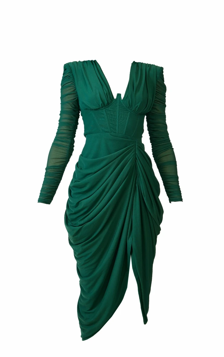 Emerald Green Mesh Ruched Long Sleeve Draped Midi Dress 5 Emerald Green Mesh Ruched Long Sleeve Draped Midi Dress - Image 5