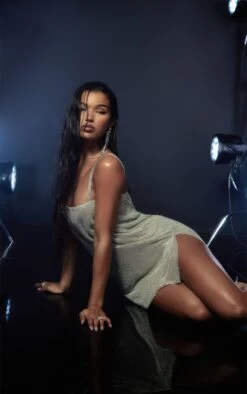 Premium Silver Diamante Strappy Bodycon Dress