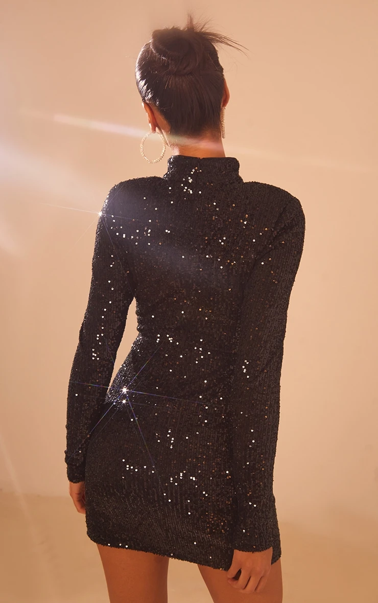Black Sequin High Neck Long Sleeve Cut Out Split Hem Bodycon Dress 2 Black Sequin High Neck Long Sleeve Cut Out Split Hem Bodycon Dress - Image 2