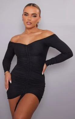 Black Ribbed Long Sleeve Bardot Ruched Bodycon Dress