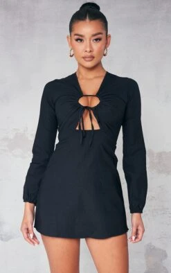 Black Stretch Woven Ruched Cut Out Shift Dress