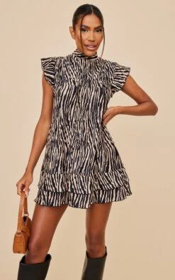 Black Zebra Print Plisse Frill Sleeve Shift Dress