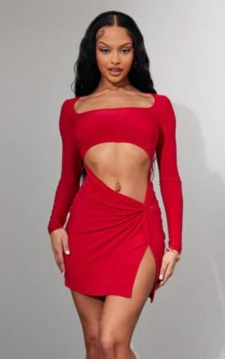 Red Slinky Cut Out Knot Skirt Long Sleeve Bodycon Dress