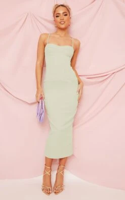 Sage Green Woven Corset Detail Strappy Midaxi Dress