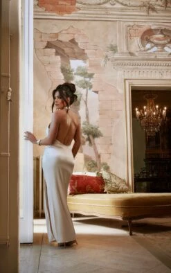 Champagne Cowl Neck Thigh Split Satin Maxi Dress