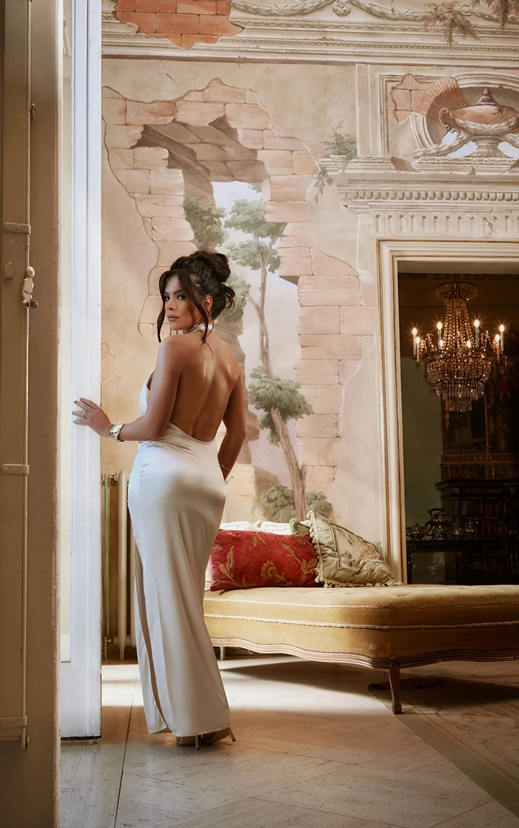 Champagne Cowl Neck Thigh Split Satin Maxi Dress 1 Champagne Cowl Neck Thigh Split Satin Maxi Dress