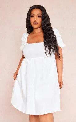 Plus White Textured Linen Look Puff Sleeve Shift Dress