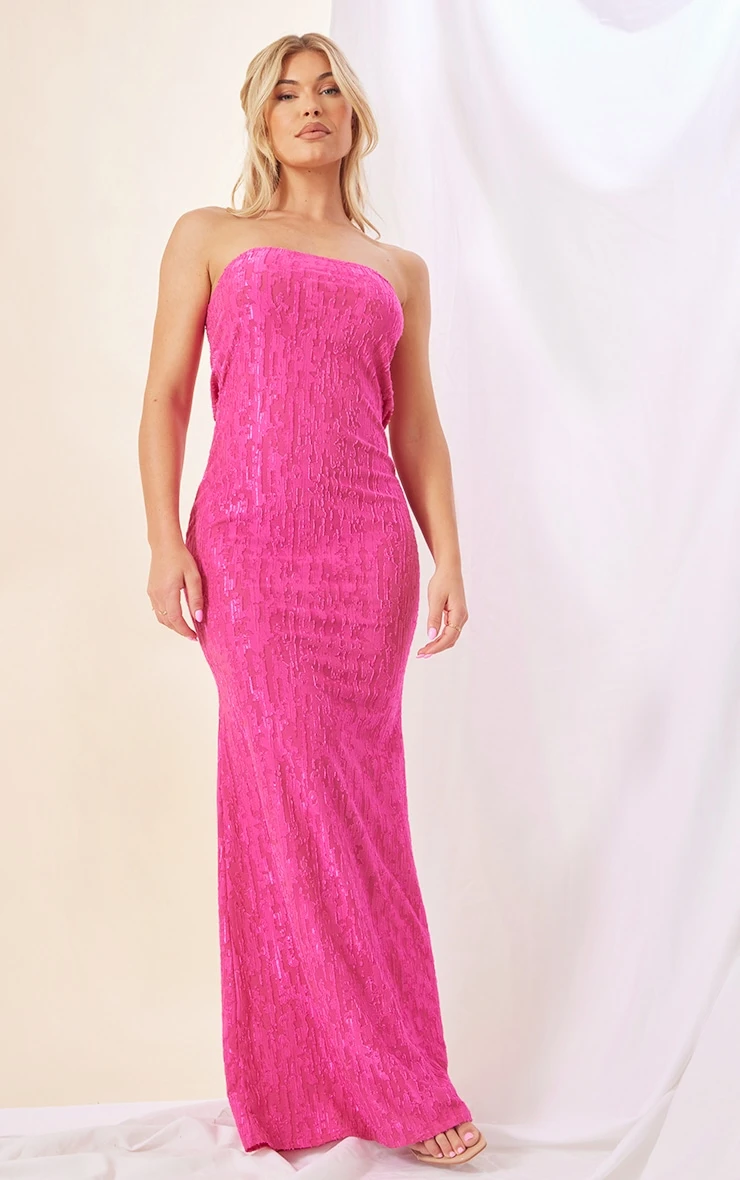 Hot Pink Textured Metallic Bandeau Cowl Back Maxi Dress 2 Hot Pink Textured Metallic Bandeau Cowl Back Maxi Dress - Image 2
