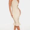 Champagne Bandage Cross Strap Open Back Frill Hem Midi Dress