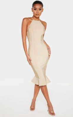 Champagne Bandage Cross Strap Open Back Frill Hem Midi Dress
