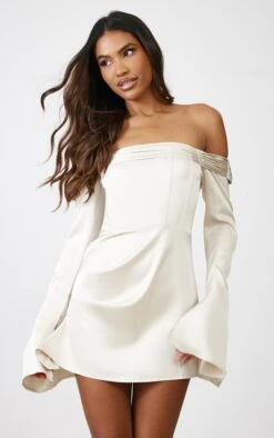 Champagne Satin Pleat Detail Bardot Flared Sleeve Shift Dress 7 Champagne Satin Pleat Detail Bardot Flared Sleeve Shift Dress -Serenova Dresses Shop b861458b5f47dd7274c6b8e3b7fe1b37cc4b031d cnc6160 3