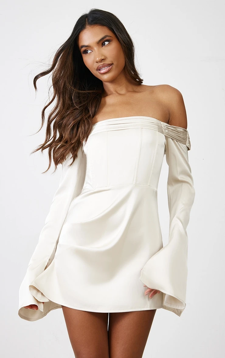 Champagne Satin Pleat Detail Bardot Flared Sleeve Shift Dress 3 Champagne Satin Pleat Detail Bardot Flared Sleeve Shift Dress - Image 3