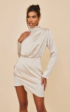 Champagne Satin Shoulder Pad Long Sleeve Bodycon Dress