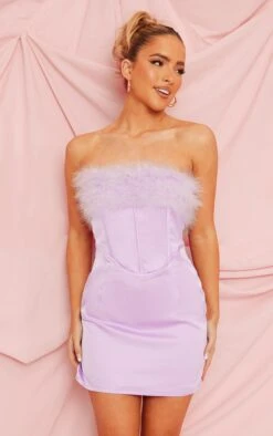 Lilac Satin Corset Feather Trim Detail Bodycon Dress