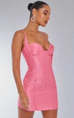 Bright Pink Satin Corset Cup Detail Bodycon Dress