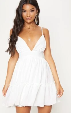 White Ruched Frill Detail Strappy Skater Dress