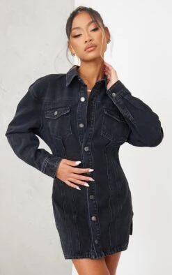 Washed Black Seam Detail Long Sleeve Denim Dress -Serenova Dresses Shop be36cfd80236f142ee6296b4595035fbf6adec82 cmw4533 1