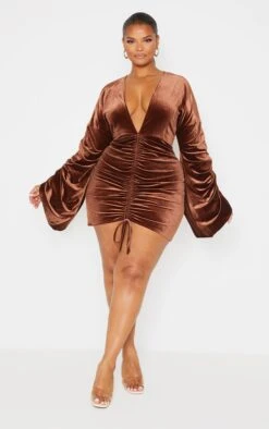 Plus Chocolate Velvet Plunge Ruched Front Bodycon Dress