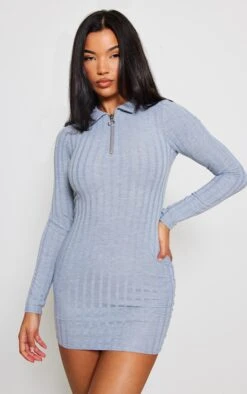 Grey Marl Zip Neck Ribbed Mini Bodycon Dress