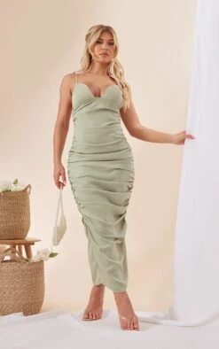 Sage Green Satin Bust Detail Strappy Ruched Midaxi Dress
