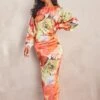 Orange Floral Print Satin Batwing Sleeve Midaxi Dress