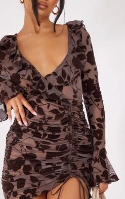 Dark Chocolate Floral Flocked Frill Detail Ruched Bodycon Dress -Serenova Dresses Shop c8388093d1b15fbf6f8e4e71a24ef0a5504b9df9 cnb5173 4