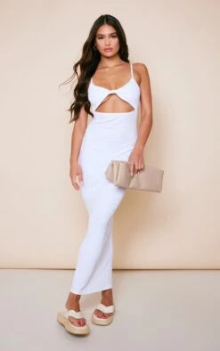 White Textured Rib Twist Cut Out Midaxi Dress